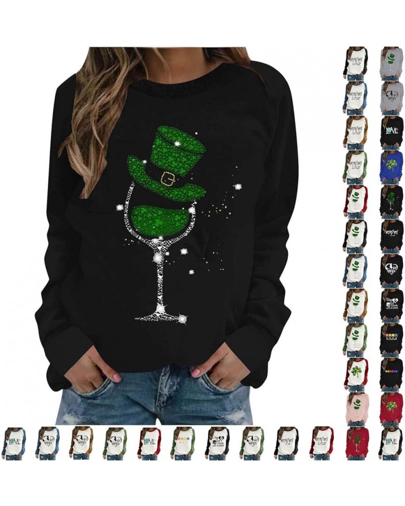 Women's St Patrick's Day Sweatshirt Green Wine Glass Printed Sweatshirts Lady Hawaiian Shirt Shamrock Ireland Pullover 16 $12...