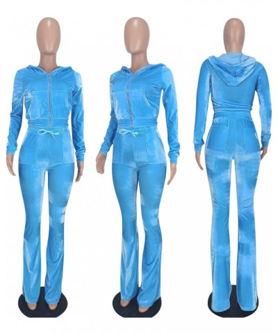 Women's 2 Piece Outfit Velour Zip Up Crop Jacket and Bell Bottoms Long Pants with Pockets Tracksuit Set Z-skyblue $18.04 Acti...