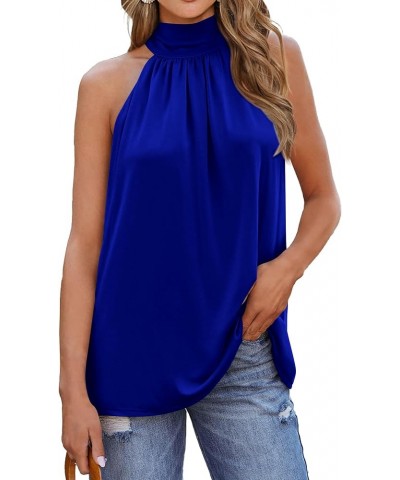 2024 Women Summer Sleeveless Tie Mock Neck Halter Tops Casual Bow Loose Tank Top Lightweight Dressy Blouse Shirts Solid Royal...