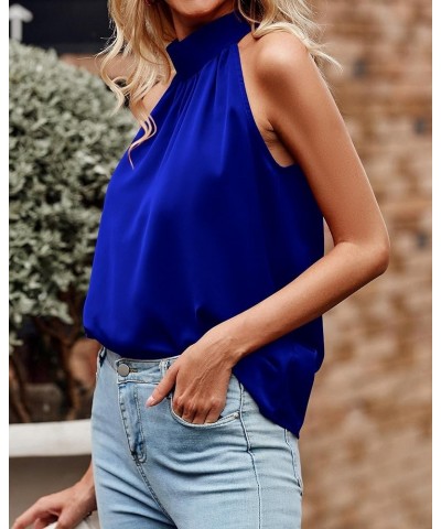 2024 Women Summer Sleeveless Tie Mock Neck Halter Tops Casual Bow Loose Tank Top Lightweight Dressy Blouse Shirts Solid Royal...