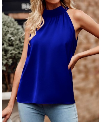 2024 Women Summer Sleeveless Tie Mock Neck Halter Tops Casual Bow Loose Tank Top Lightweight Dressy Blouse Shirts Solid Royal...