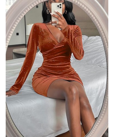 Women's Mini Wrap Dress V Neck Long Sleeve Velvet Bodycon Glitter Ruched Cocktail Party Dresses Orange $29.20 Dresses