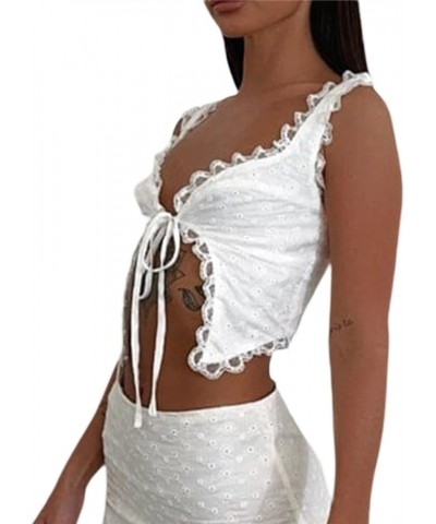 Women's Lace Ruffles Camis Tie Up Open Front Sleeveless Solid Color Casual Party Street Drawstring Cropped Tops A White $7.40...