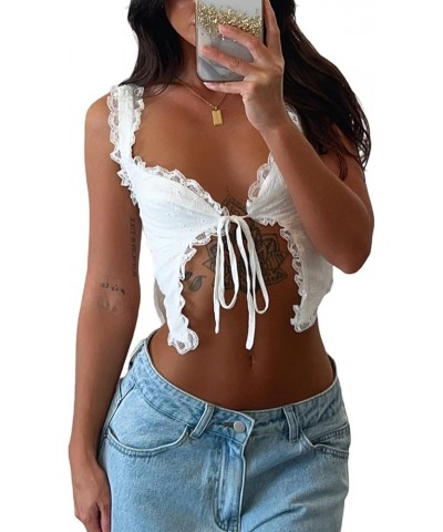 Women's Lace Ruffles Camis Tie Up Open Front Sleeveless Solid Color Casual Party Street Drawstring Cropped Tops A White $7.40...