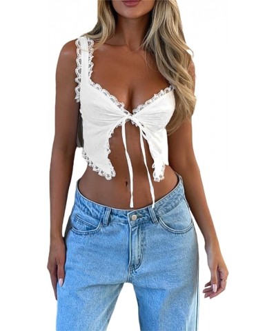 Women's Lace Ruffles Camis Tie Up Open Front Sleeveless Solid Color Casual Party Street Drawstring Cropped Tops A White $7.40...