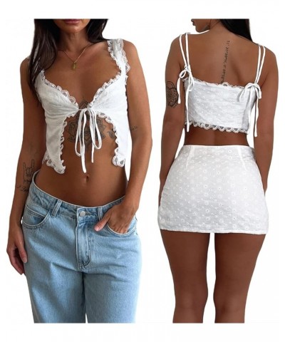 Women's Lace Ruffles Camis Tie Up Open Front Sleeveless Solid Color Casual Party Street Drawstring Cropped Tops A White $7.40...