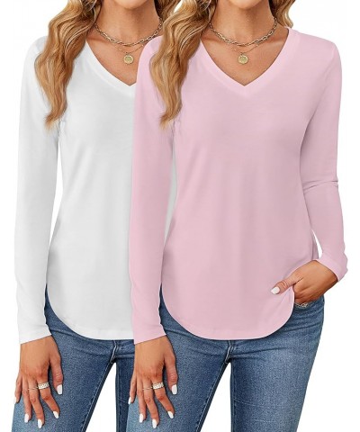 2 Pack Women's V Neck T Shirts, Short or Long Sleeve Tunic Tops Causal Summer Basic Shirts Solid Hem Tee Blouses White, Pink,...