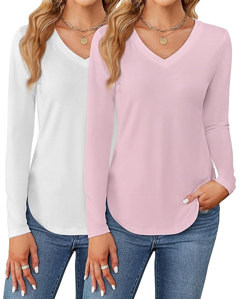 2 Pack Women's V Neck T Shirts, Short or Long Sleeve Tunic Tops Causal Summer Basic Shirts Solid Hem Tee Blouses White, Pink,...