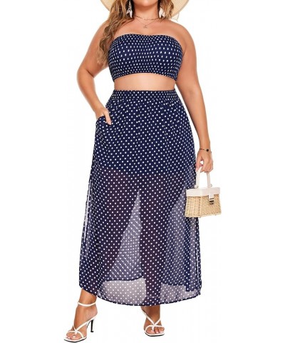 Women's 2 Pieces Outfits Dress Plus Size Polka Dots Tube top and Slit Long Skirt Set with Pockets Navy Blue $23.39 Suits