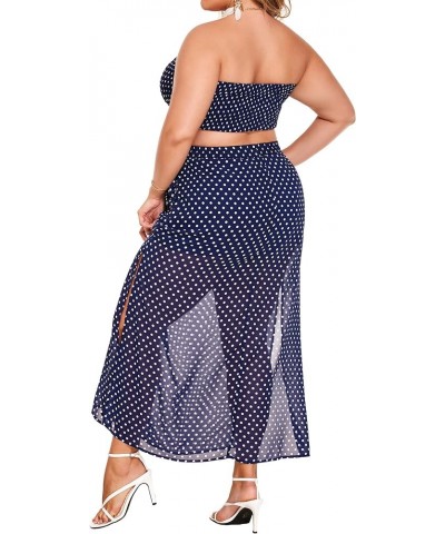 Women's 2 Pieces Outfits Dress Plus Size Polka Dots Tube top and Slit Long Skirt Set with Pockets Navy Blue $23.39 Suits