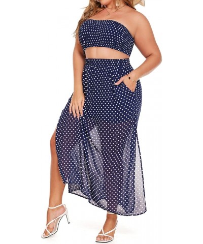 Women's 2 Pieces Outfits Dress Plus Size Polka Dots Tube top and Slit Long Skirt Set with Pockets Navy Blue $23.39 Suits