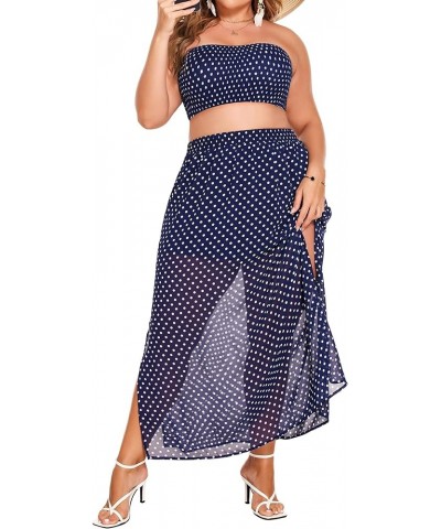 Women's 2 Pieces Outfits Dress Plus Size Polka Dots Tube top and Slit Long Skirt Set with Pockets Navy Blue $23.39 Suits