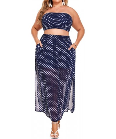 Women's 2 Pieces Outfits Dress Plus Size Polka Dots Tube top and Slit Long Skirt Set with Pockets Navy Blue $23.39 Suits