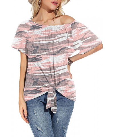 Womens Waffle Knit Off The Shoulder Tops Casual Short Sleeve Blouses Summer Tie Knot Loose T-Shirt Camouflage Pink $11.19 Blo...