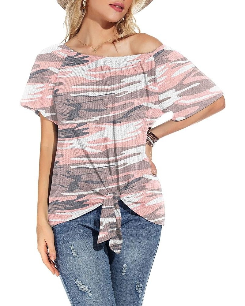 Womens Waffle Knit Off The Shoulder Tops Casual Short Sleeve Blouses Summer Tie Knot Loose T-Shirt Camouflage Pink $11.19 Blo...