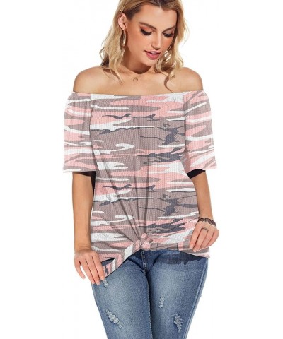 Womens Waffle Knit Off The Shoulder Tops Casual Short Sleeve Blouses Summer Tie Knot Loose T-Shirt Camouflage Pink $11.19 Blo...