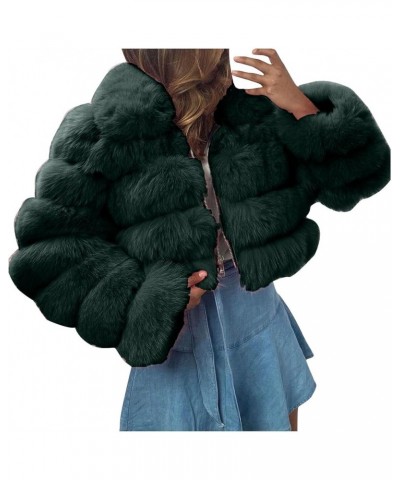 Women Short Faux Fur Coat Open Front Zip Cropped Hoodie Warm Furry Splicing Jacket Elegant Long Sleeve Outerwear Army Green $...