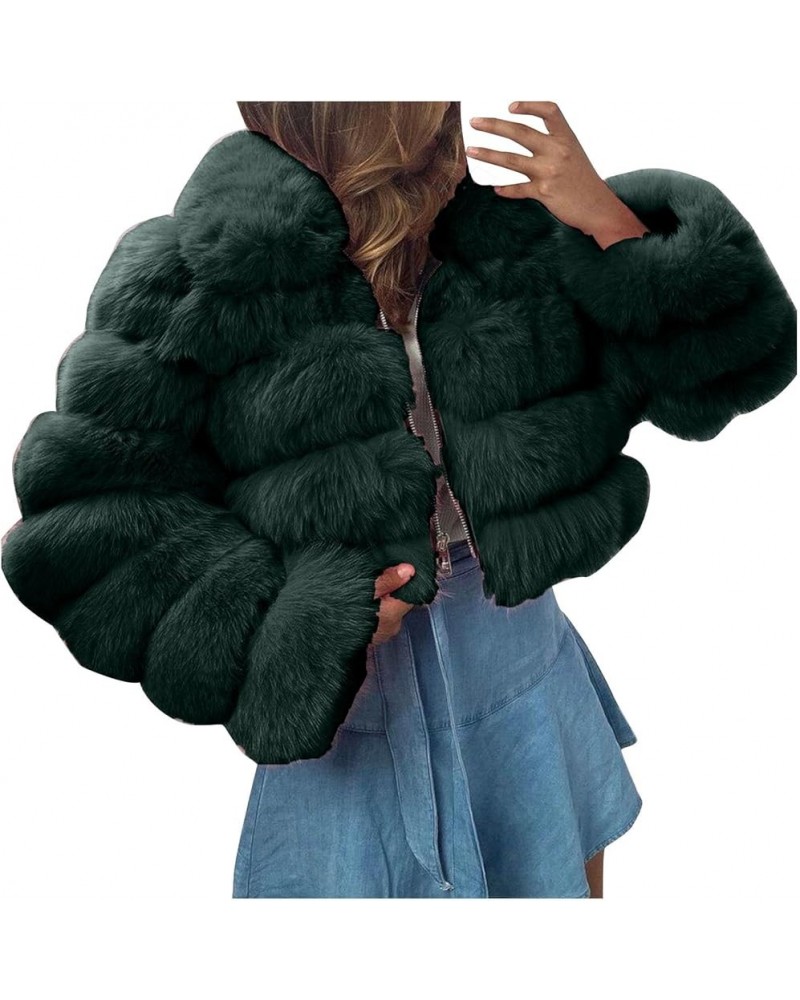 Women Short Faux Fur Coat Open Front Zip Cropped Hoodie Warm Furry Splicing Jacket Elegant Long Sleeve Outerwear Army Green $...