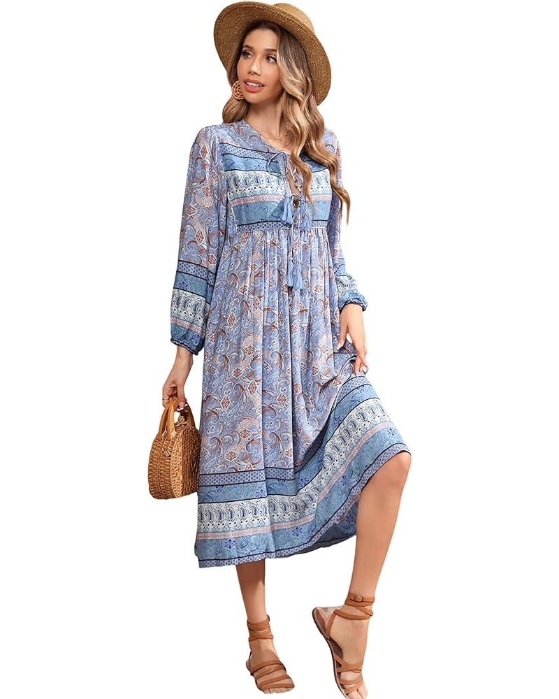 Women's Long Sleeves Floral Print Retro V Neck Tassel Casual Bohemian Midi Dresses Paleblue $17.10 Dresses