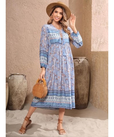 Women's Long Sleeves Floral Print Retro V Neck Tassel Casual Bohemian Midi Dresses Paleblue $17.10 Dresses