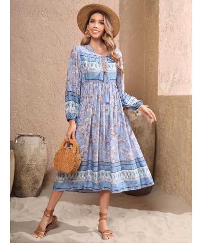 Women's Long Sleeves Floral Print Retro V Neck Tassel Casual Bohemian Midi Dresses Paleblue $17.10 Dresses