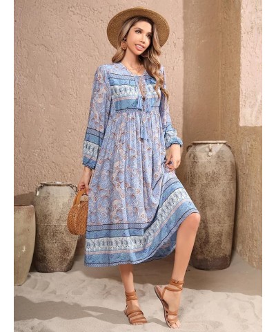 Women's Long Sleeves Floral Print Retro V Neck Tassel Casual Bohemian Midi Dresses Paleblue $17.10 Dresses