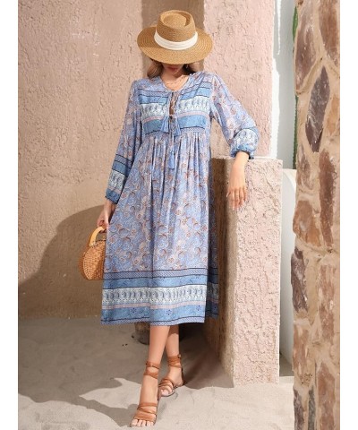 Women's Long Sleeves Floral Print Retro V Neck Tassel Casual Bohemian Midi Dresses Paleblue $17.10 Dresses