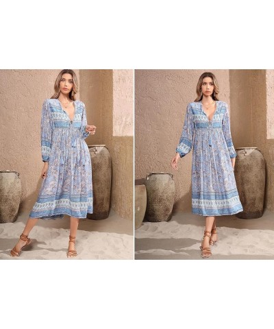 Women's Long Sleeves Floral Print Retro V Neck Tassel Casual Bohemian Midi Dresses Paleblue $17.10 Dresses