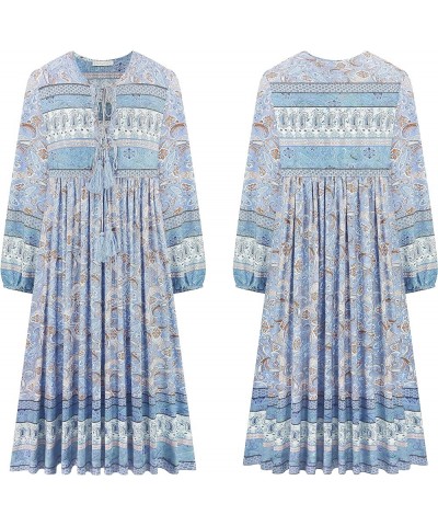 Women's Long Sleeves Floral Print Retro V Neck Tassel Casual Bohemian Midi Dresses Paleblue $17.10 Dresses