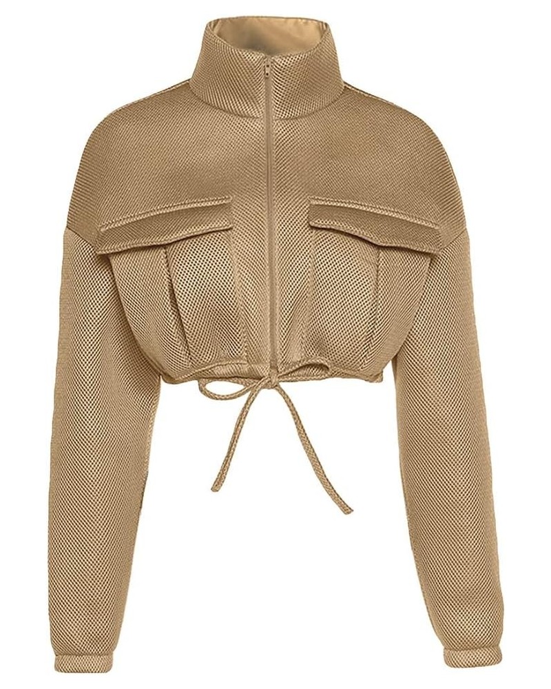 Women's Full Zip Crop Jacket Coat Long Sleeve Sexy Fashion Short Top Casual Cropped Light Bomber Jacket Outerwear Brown $16.7...