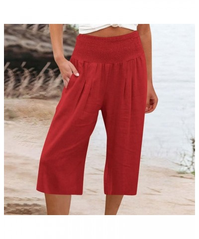 Women's Linen Pants Straight Leg Summer Casual Sweatpants Comfy Elastic Waist Workout Capris Trousers with Pockets 04-waterme...