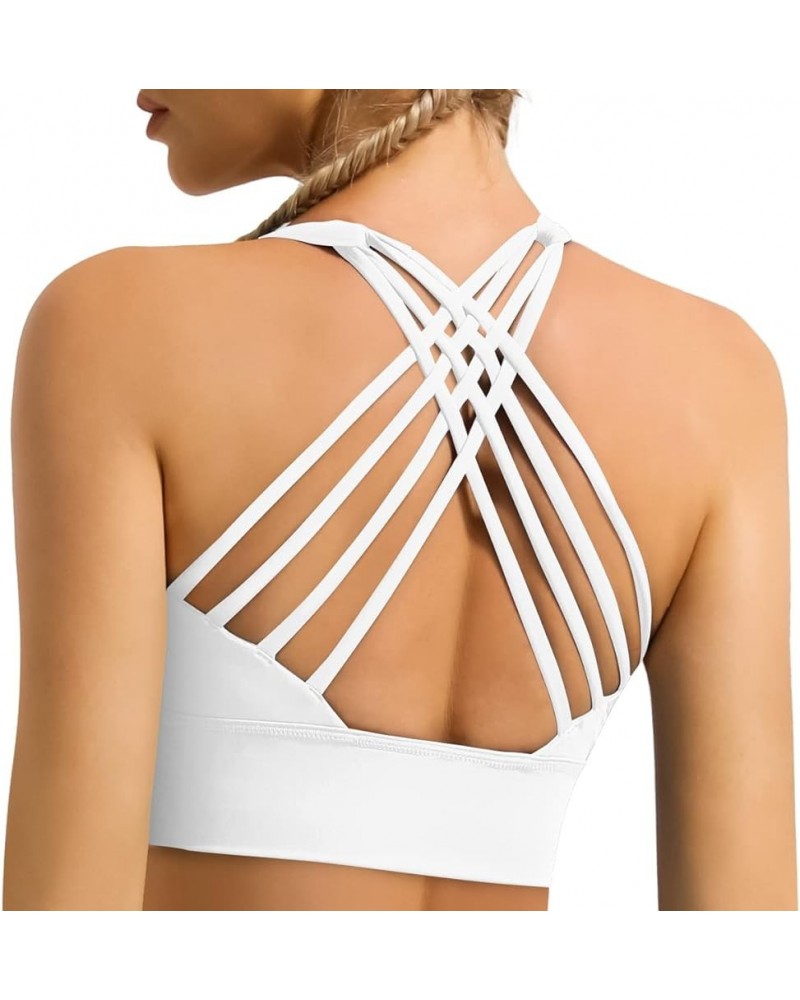 Women's Strappy Longline Sports Bra Crisscross Back Medium Support Padded Workout Tank Yoga Crop Top 1 White $15.00 Lingerie