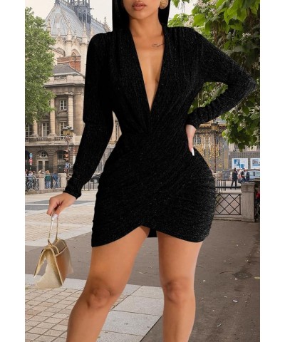 Women's Sexy V Neck Bodycon Mini Dress Long Sleeve Sequin Ruched Club Party Dresses Black $16.81 Dresses