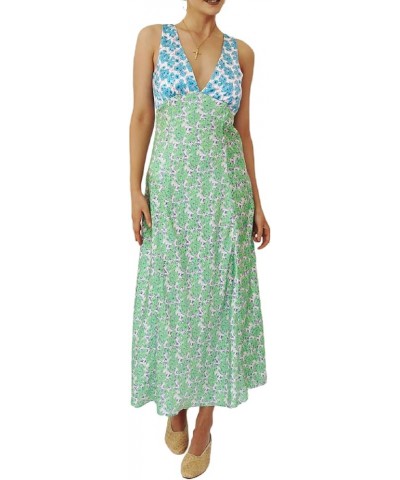 Women Y2k Floral Deep V Neck Maxi Dress Sleeveless Patchwork Long Dress Going Out Flowy Sundress Trendy Beach Wear A-green $1...