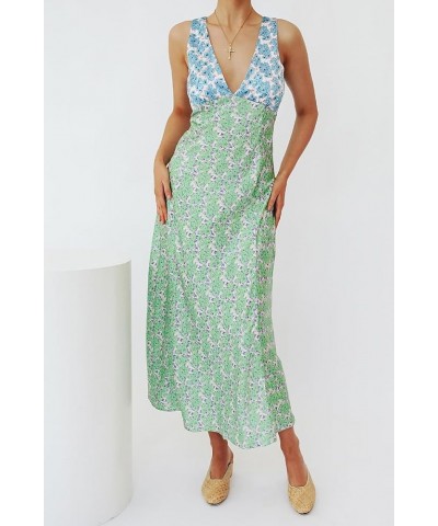 Women Y2k Floral Deep V Neck Maxi Dress Sleeveless Patchwork Long Dress Going Out Flowy Sundress Trendy Beach Wear A-green $1...