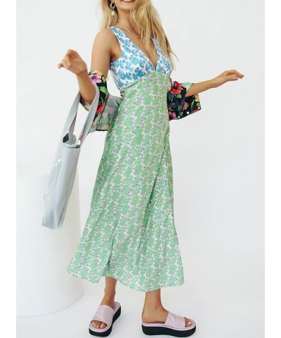 Women Y2k Floral Deep V Neck Maxi Dress Sleeveless Patchwork Long Dress Going Out Flowy Sundress Trendy Beach Wear A-green $1...