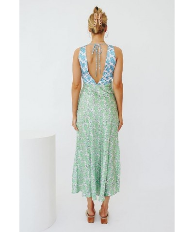 Women Y2k Floral Deep V Neck Maxi Dress Sleeveless Patchwork Long Dress Going Out Flowy Sundress Trendy Beach Wear A-green $1...