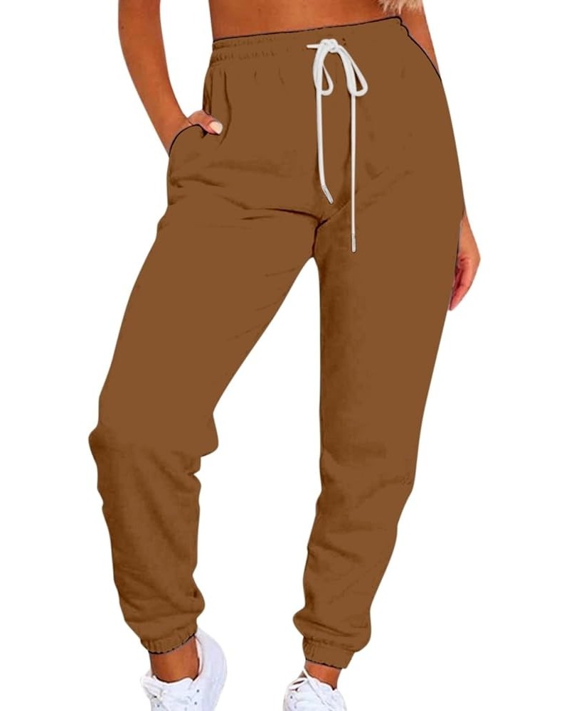 Fleece Lined Joggers for Women High Waisted Drawstring Thermal Sweatpants Workout Pants Running Pants with Pockets Brown $9.4...