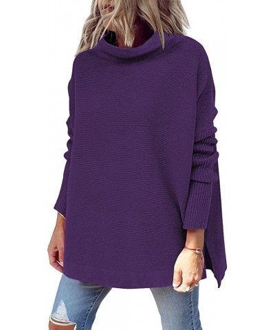 Women's Mock Turtleneck Sweater Long Batwing Sleeve Split Hem Casual Oversized Knit Pullover Tunic Tops Purple $29.49 Sweaters