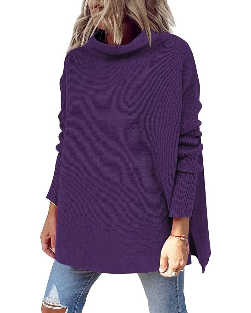 Women's Mock Turtleneck Sweater Long Batwing Sleeve Split Hem Casual Oversized Knit Pullover Tunic Tops Purple $29.49 Sweaters