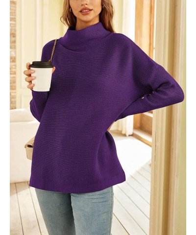 Women's Mock Turtleneck Sweater Long Batwing Sleeve Split Hem Casual Oversized Knit Pullover Tunic Tops Purple $29.49 Sweaters