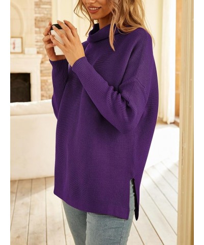 Women's Mock Turtleneck Sweater Long Batwing Sleeve Split Hem Casual Oversized Knit Pullover Tunic Tops Purple $29.49 Sweaters