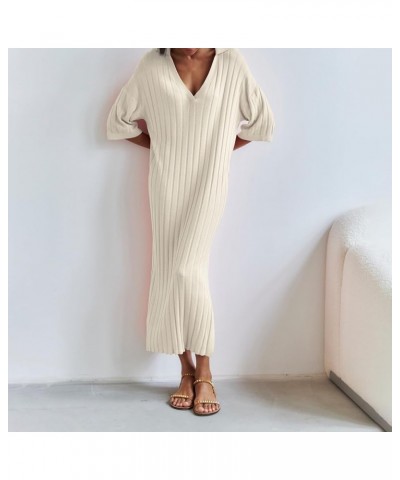 Women Bell Long Sleeve Knit Maxi Dress Crewneck Ribbed Bodycon Long Dress Slim Fit Y2K Sweater Dress Streetwear C-beige Lapel...