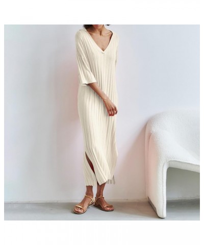 Women Bell Long Sleeve Knit Maxi Dress Crewneck Ribbed Bodycon Long Dress Slim Fit Y2K Sweater Dress Streetwear C-beige Lapel...