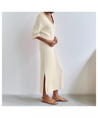 Women Bell Long Sleeve Knit Maxi Dress Crewneck Ribbed Bodycon Long Dress Slim Fit Y2K Sweater Dress Streetwear C-beige Lapel...