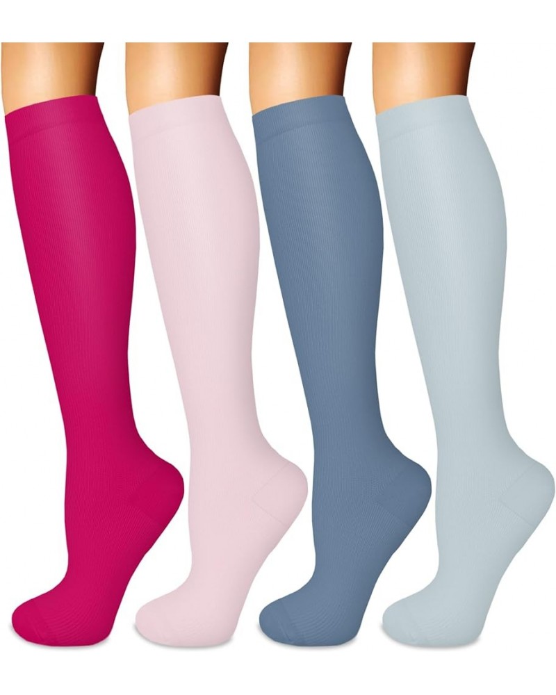 4 Pairs Compression Socks for Women Circulation-Best Support for Nurses,Running,Athletic,Travel 07-rose Red/Pink/Blue/Light B...