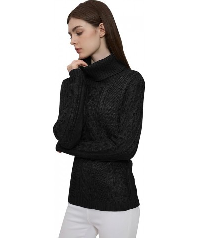 Women Turtleneck Knitted Long Sleeve Slim Fitted Cable Knit Soft Sweater Black $17.60 Sweaters