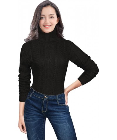 Women Turtleneck Knitted Long Sleeve Slim Fitted Cable Knit Soft Sweater Black $17.60 Sweaters