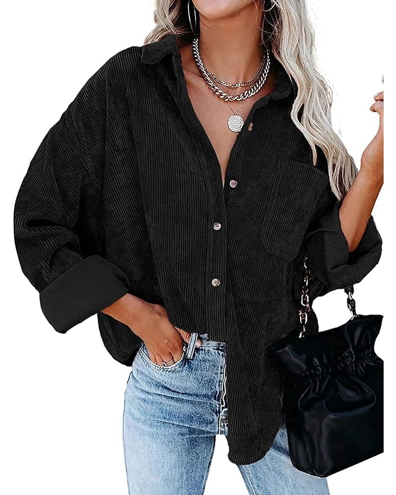 Womens Corduroy Shirt Oversized Button Down Blouse Long Sleeve Shacket Lapel Collar Shirts for Women 1-black $19.26 Blouses