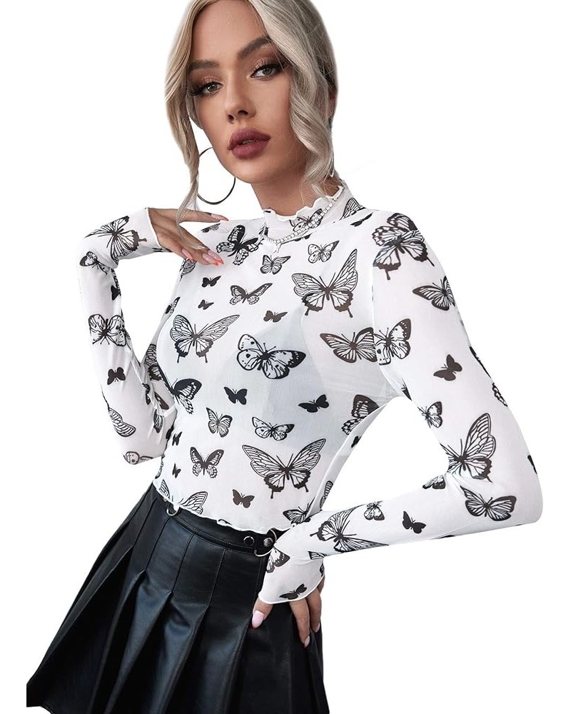 Women's Short Sleeve Print See Through Sheer Mesh Crop Top T Shirt Butterfly White $11.19 T-Shirts